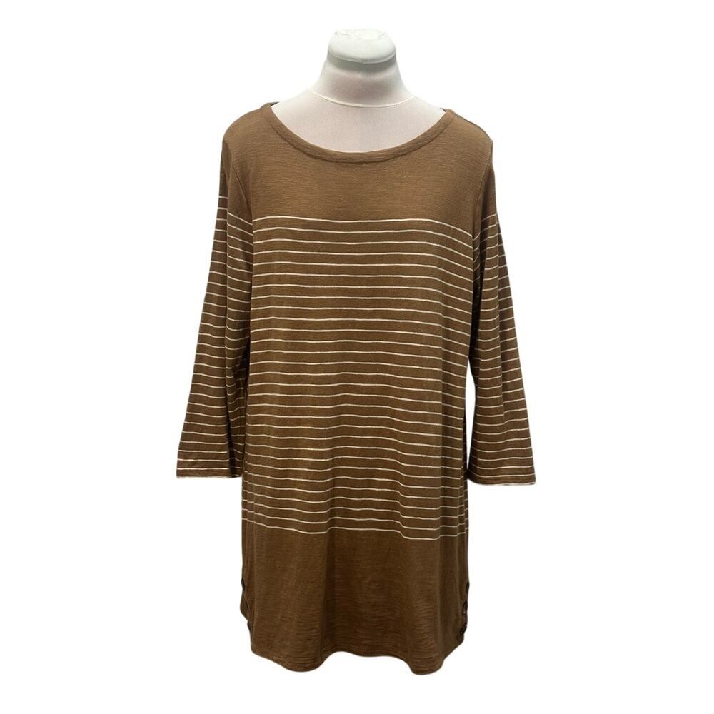 J. JILL Brown Tan White Stripe Soft Side Easy Tunic Top Vicuna M Soft Coastal